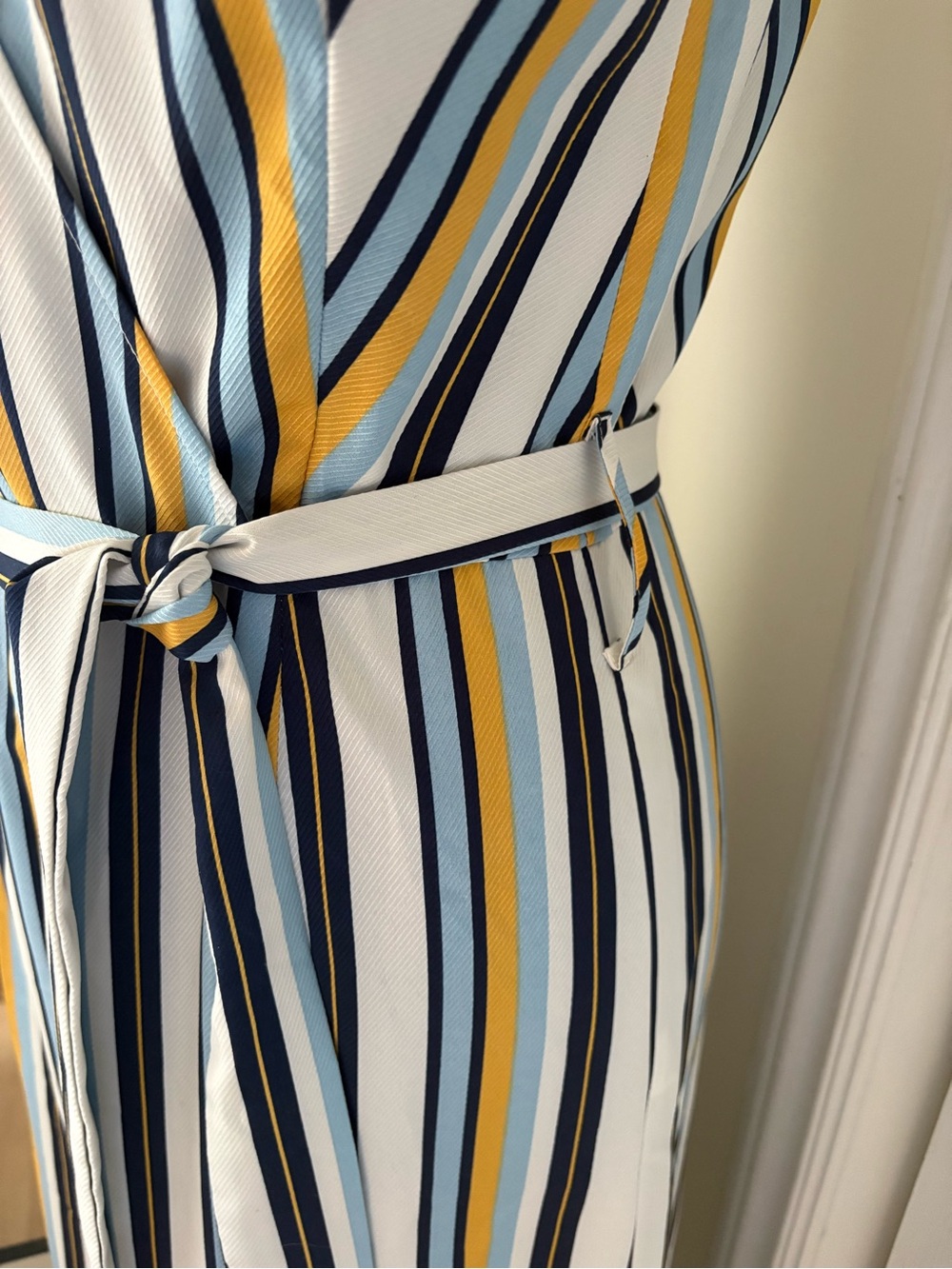 Sleeveless Striped Wrap Jumpsuit in White, Navy & Yellow - Picture 4 of 11